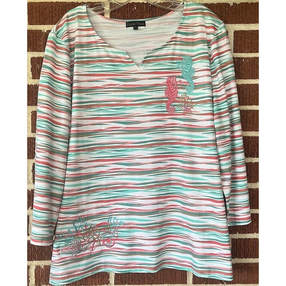 Bua Bua Colorful Striped Knit Top with Embroidery Ocean Theme Size XL